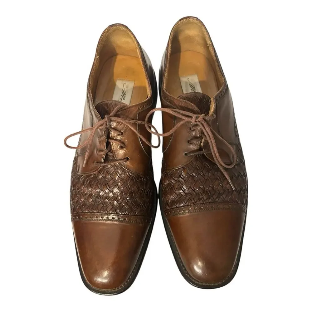 Mezlan Del Mar brown woven leather Oxford dress shoes made in Spain. Size 10